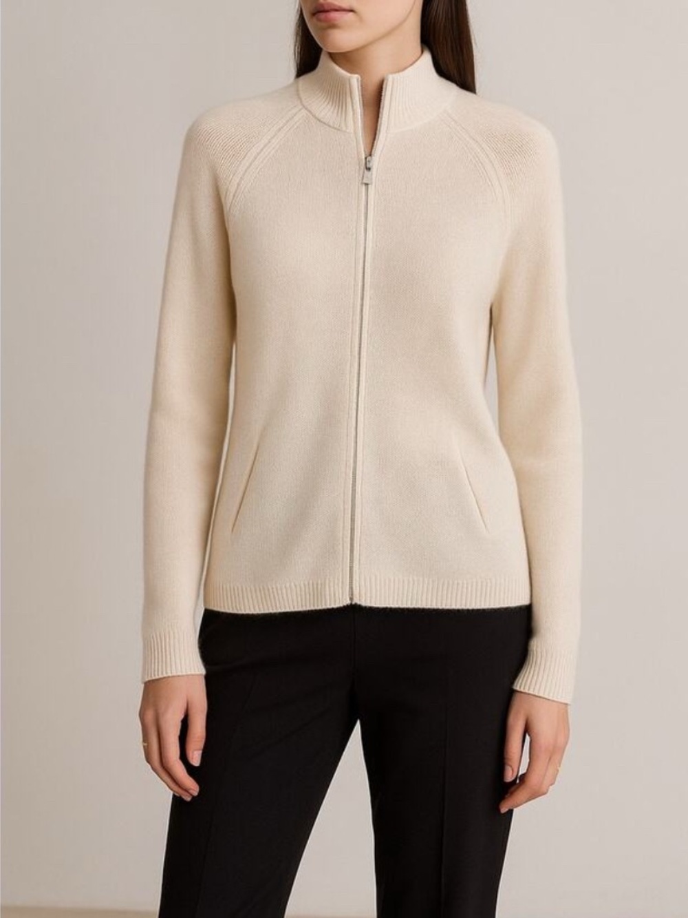 I. Magnin 2-Ply Cashmere Cream Ribbed Knit Front Zip Women’s Cardigan Sweater XL